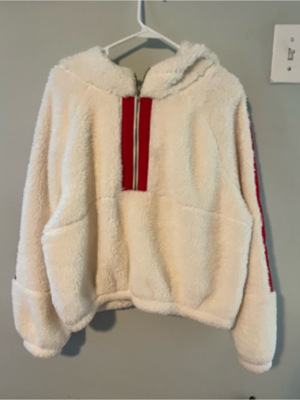 bp Cream Sherpa Hoodie with Red Stripe Accents